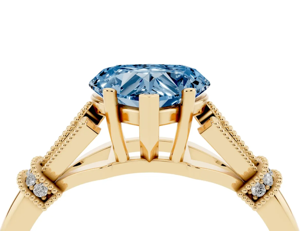 Fancy Blue Heart Cut Diamond Solitaire Ring with Floral Filigree and Pave Accents Yellow gold