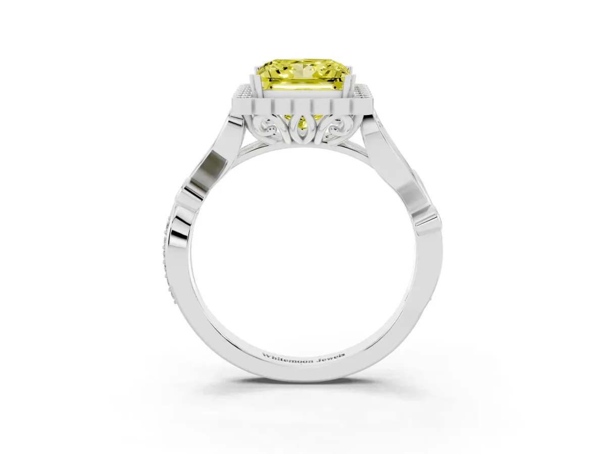 Fancy Yellow Princess Cut Diamond Halo Ring with Vintage Split Shank and Four-Prong Setting Silver