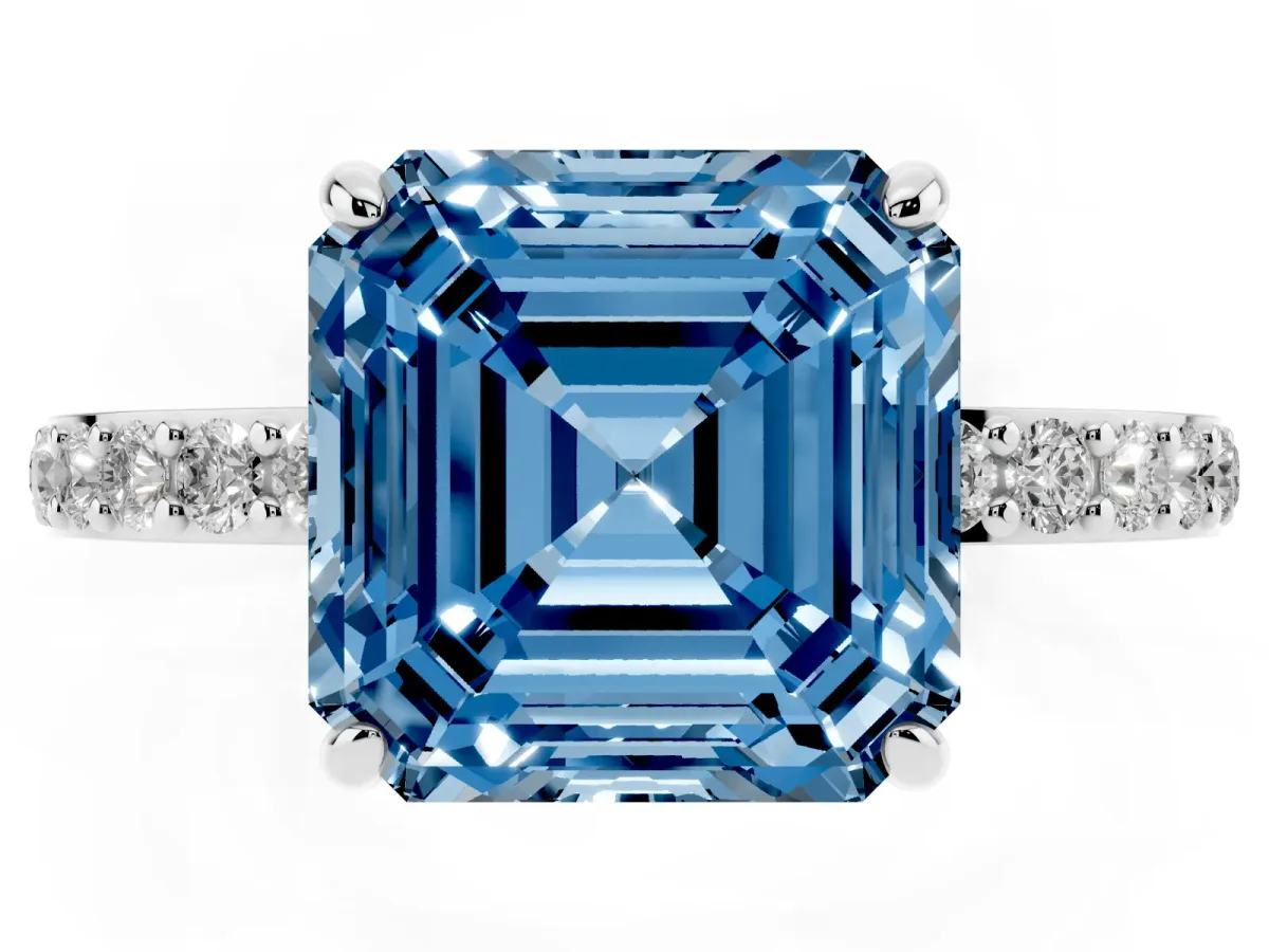 Fancy Blue Asscher Cut Diamond Pavé Engagement Ring with Round Accents and Prong Setting Silver