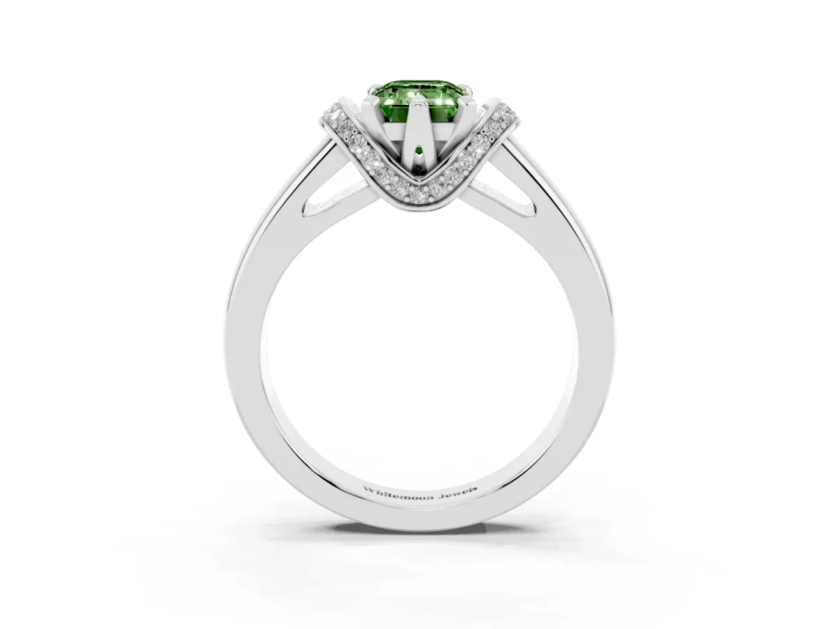 Fancy Green Emerald Cut Solitaire Diamond Ring with Pave Band and Six-Prong Setting Platinum