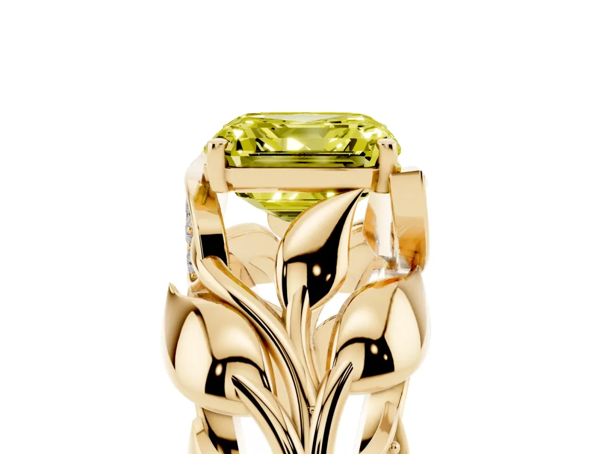 Fancy Yellow Asscher Cut Diamond Leaf-Inspired Engagement Ring with Round Accents and Prong Setting Yellow gold