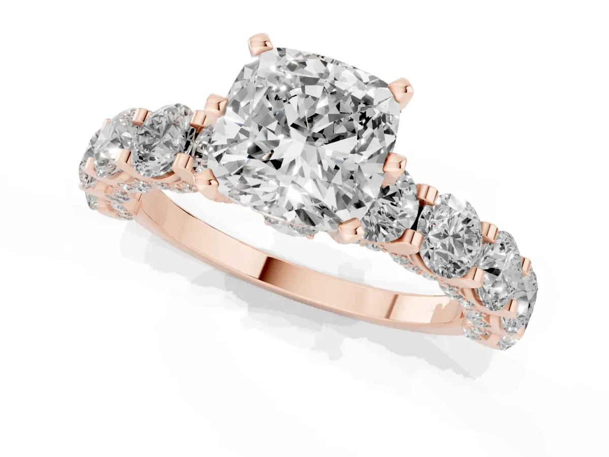 Cushion Cut Diamond Side Stone Engagement Ring with Four-Prong Setting Rose gold