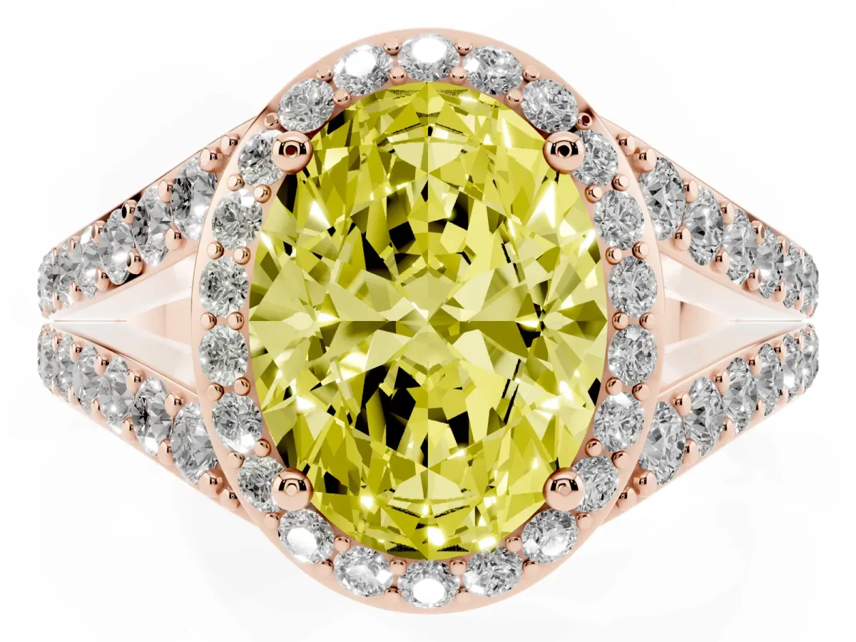 Fancy Yellow Oval Cut Diamond Split Shank Halo Ring with Four-Prong Setting Rose gold