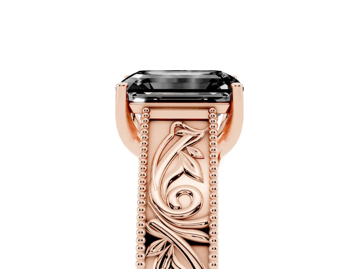 Fancy Black Emerald Cut Diamond Solitaire Ring with Engraved Band and Four-Prong Setting Rose gold