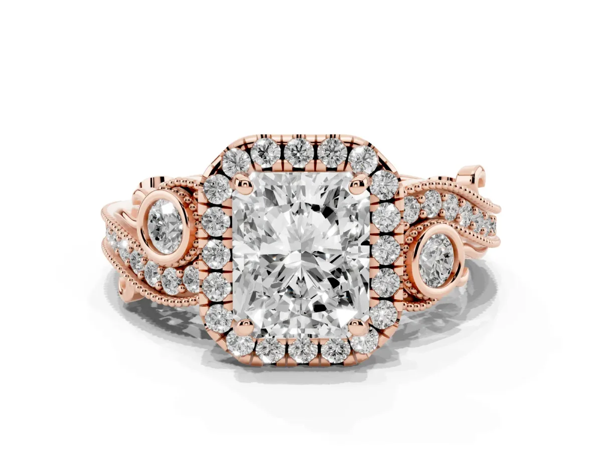 Radiant Cut Diamond Halo Ring with Milgrain Pavé Band and Four-Prong Setting Rose gold