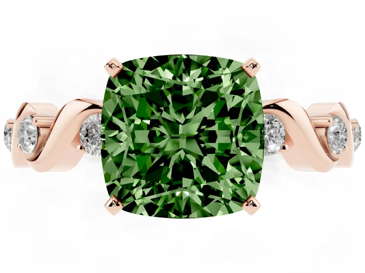 Fancy Green Cushion Cut Diamond Solitaire Twisted Band with Round Accents and Prong Setting Rose gold