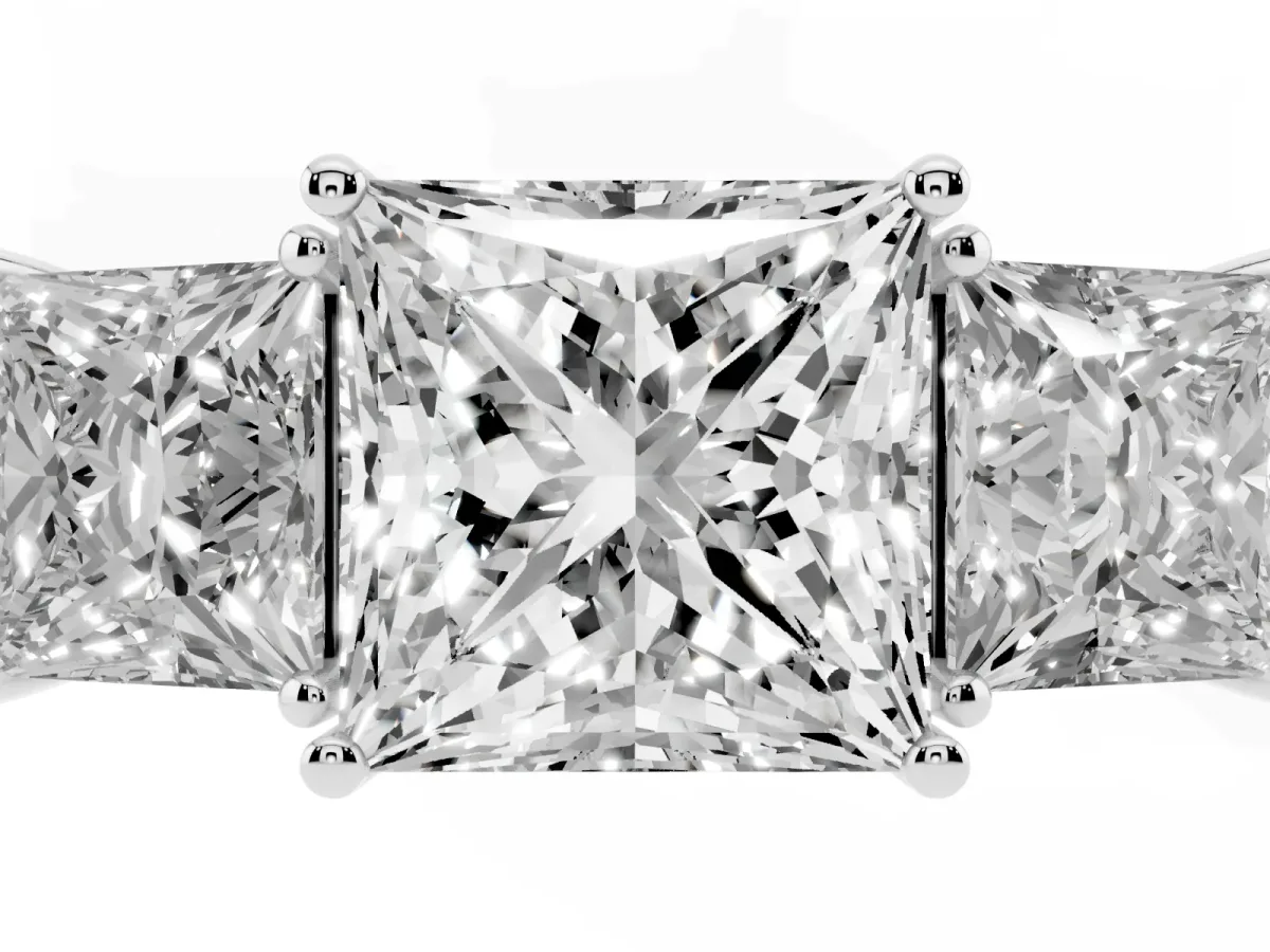 Three-Stone Princess Cut Cut Diamond Engagement Ring with Flat Band and Four-Prong Setting Silver