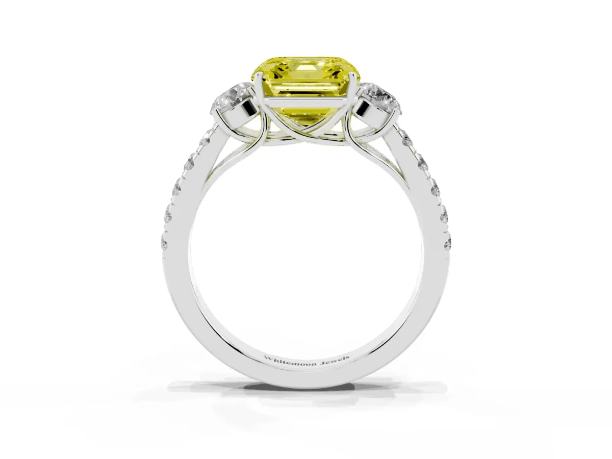 Fancy Yellow Asscher Cut Cut Diamond Three-Stone Ring with Round Side Stones and Pavé Band Silver