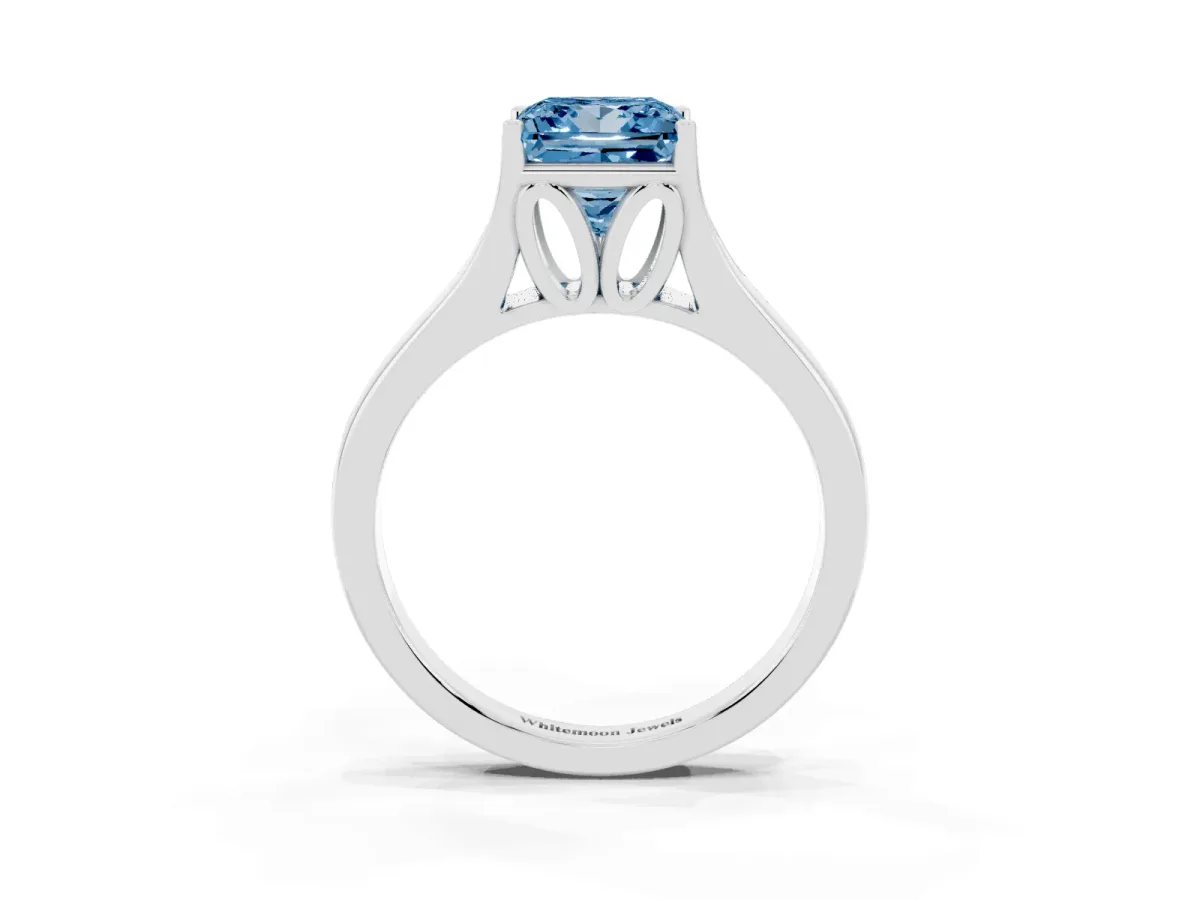 Fancy Blue Princess Cut Solitaire Diamond Ring with Cathedral Band and Four-Prong Setting Silver