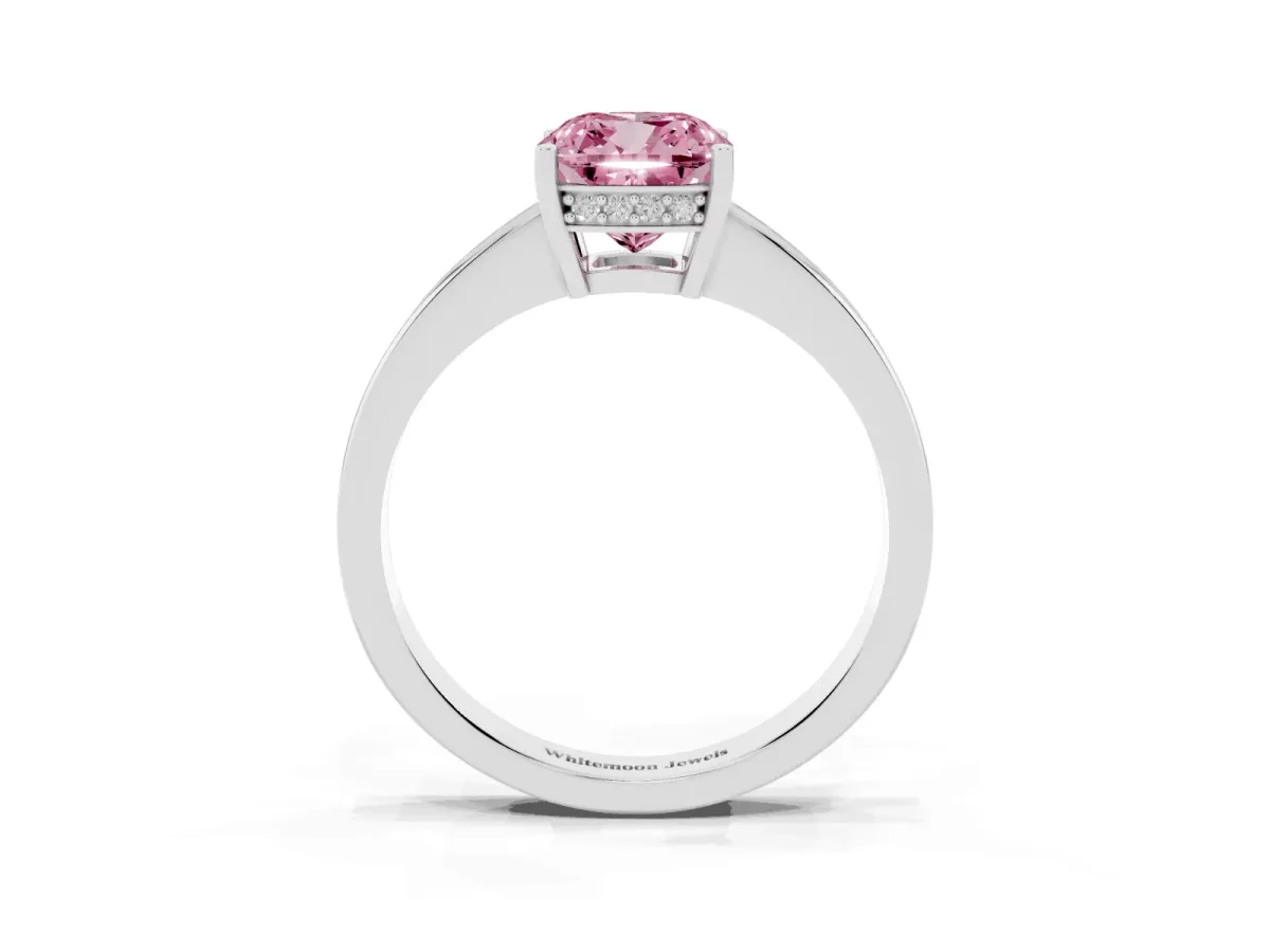 Fancy Pink Cushion Cut Solitaire Pavé Band Prong Setting Ring Silver