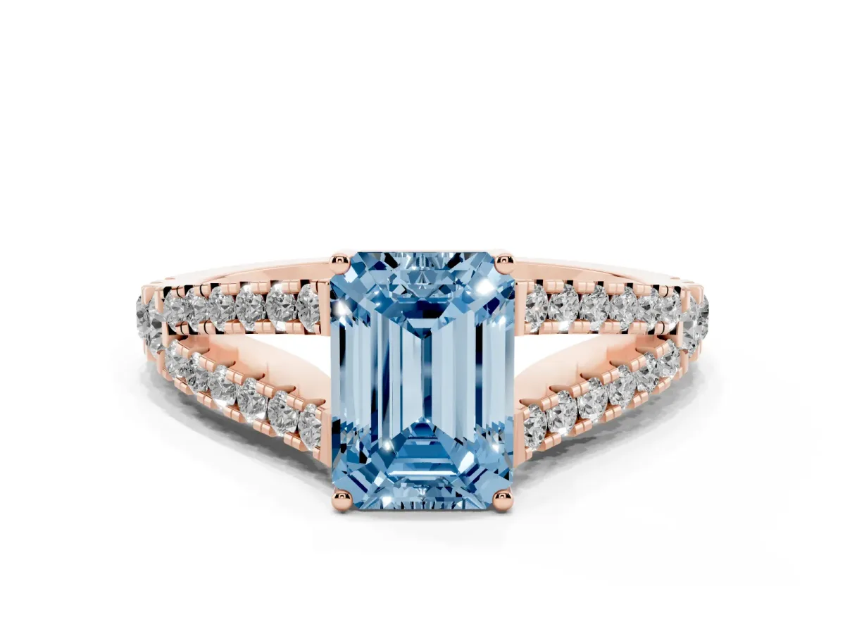 Fancy Blue Emerald Cut Diamond Split Shank Engagement Ring with Round Pavé and Prong Setting Rose gold