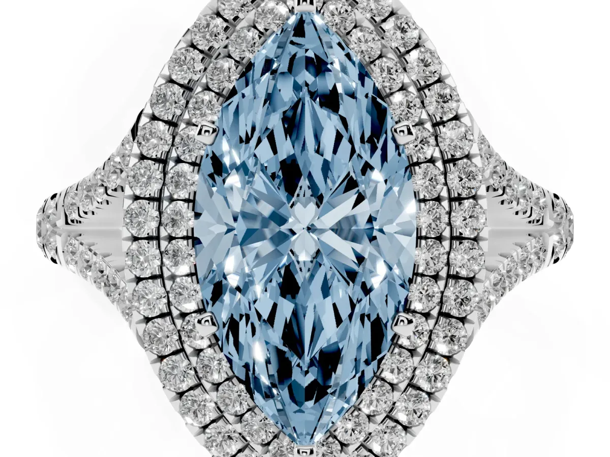 Fancy Blue Marquise Cut Cut Double Halo Split Shank Diamond Ring with Prong Setting Platinum