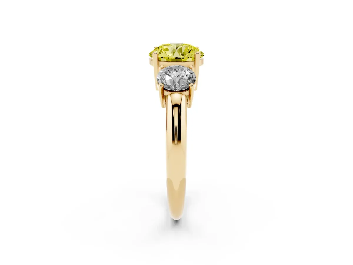 Fancy Yellow Three-Stone Round Cut Cut Diamond Engagement Ring with Prong Setting on a White Gold Band Yellow gold