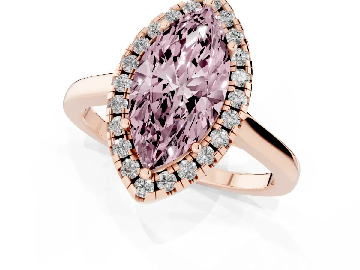 Fancy Pink Marquise Cut Halo Round Diamond Solitaire Ring with Pavé Band and Four-Prong Setting Rose gold