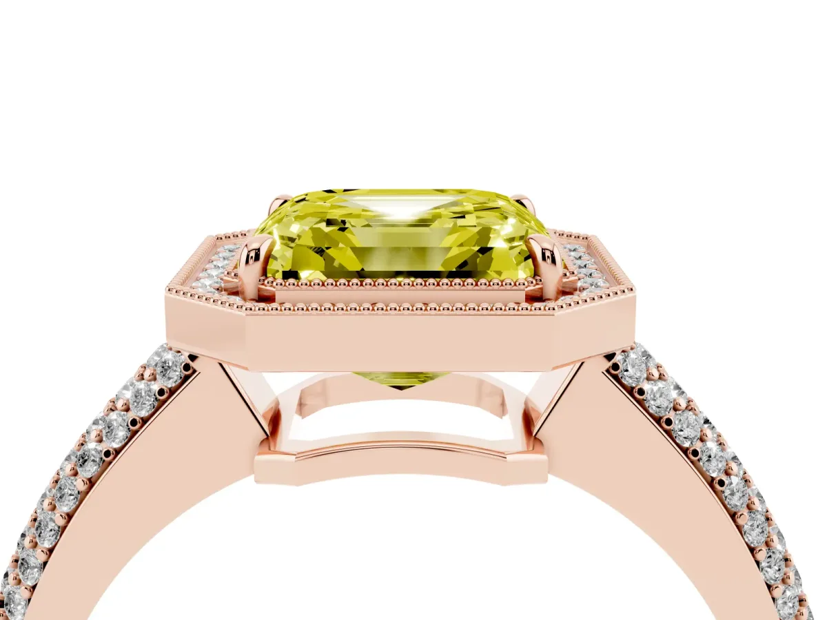 Fancy Yellow Asscher Cut Cut Halo Diamond Pave Band with Four-Prong Setting Rose gold