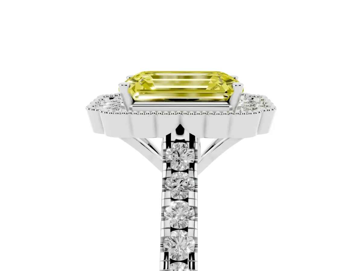 Fancy Yellow Emerald Cut Cut Diamond Milgrain Floral Halo Engagement Ring with Pavé Band Silver