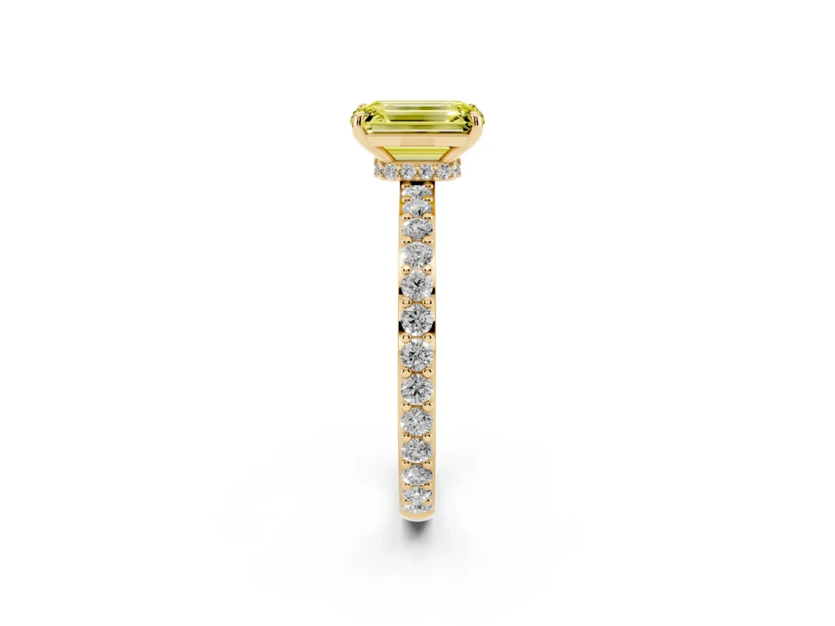 Fancy Yellow Emerald Cut Diamond Pavé Engagement Ring with Round Accents and Prong Setting Yellow gold