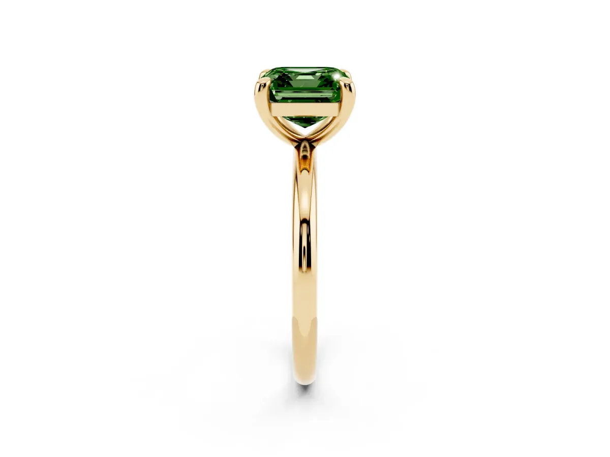 Fancy Green Asscher Cut Solitaire Diamond Ring with Four-Prong Setting on a Plain Band Yellow gold