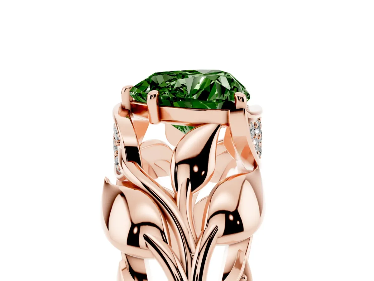 Fancy Green Heart Cut Diamond Leaf-Inspired Engagement Ring with Round Accents and Prong Setting Rose gold