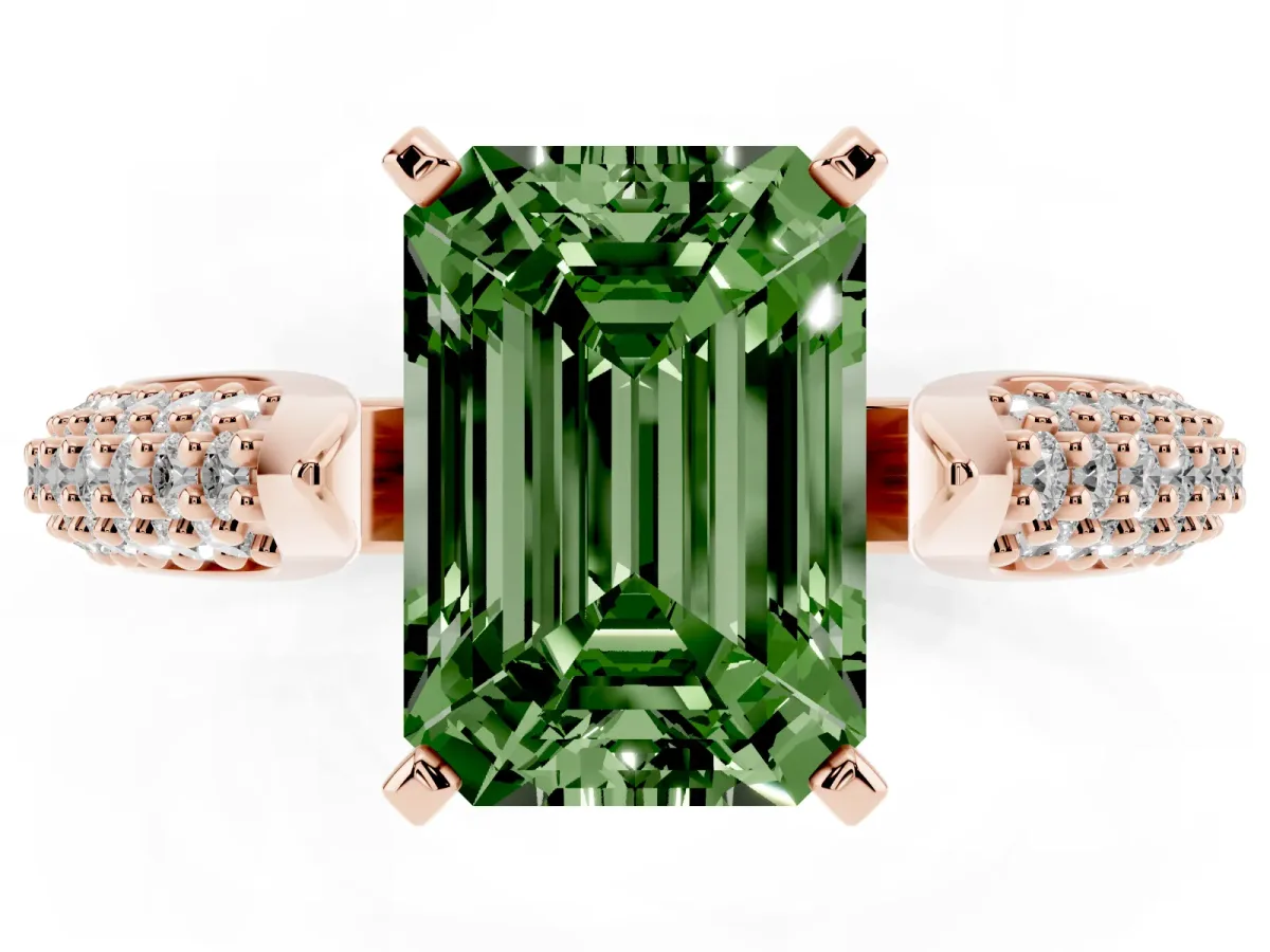 Fancy Green Emerald Cut Diamond Solitaire Engagement Ring with Multi-Row Round Pavé Band and Prong Setting Rose gold