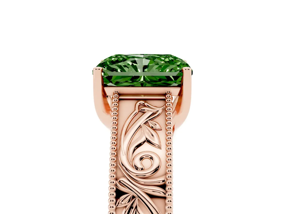 Fancy Green Radiant Cut Diamond Solitaire Ring with Engraved Band and Four-Prong Setting Rose gold