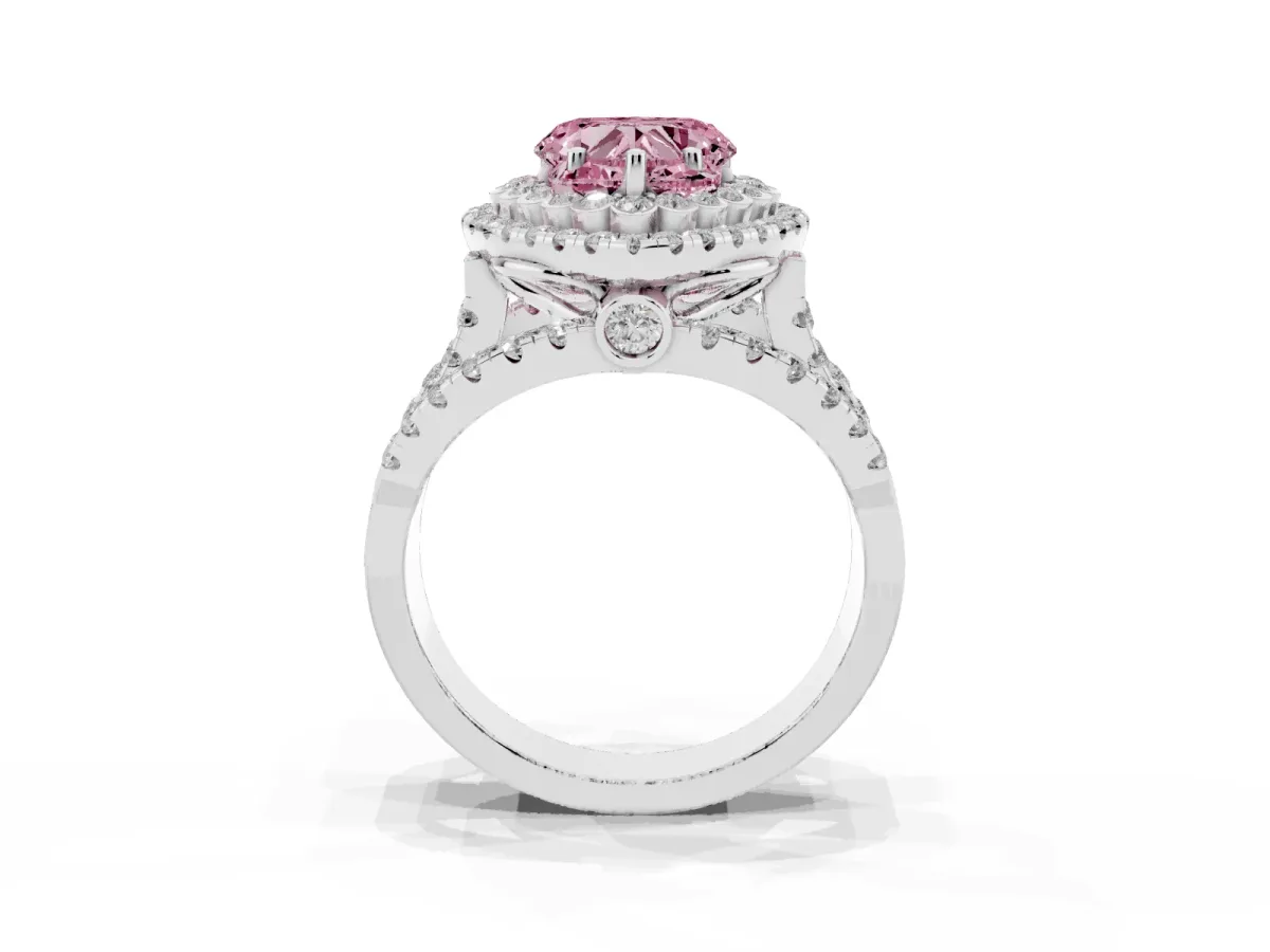 Fancy Pink Heart Cut Diamond Double Halo Ring with Round Pavé Split Shank and Prong Setting Silver