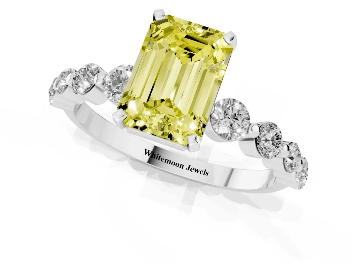 Fancy Yellow Emerald Cut Solitaire Diamond Ring with Pave Band and Four-Prong Setting Silver