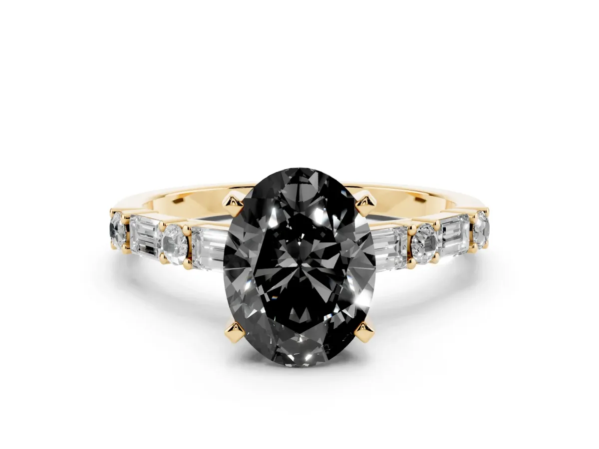 Fancy Black Oval Cut Diamond Solitaire with Side Baguettes and Channel Set Band Yellow gold
