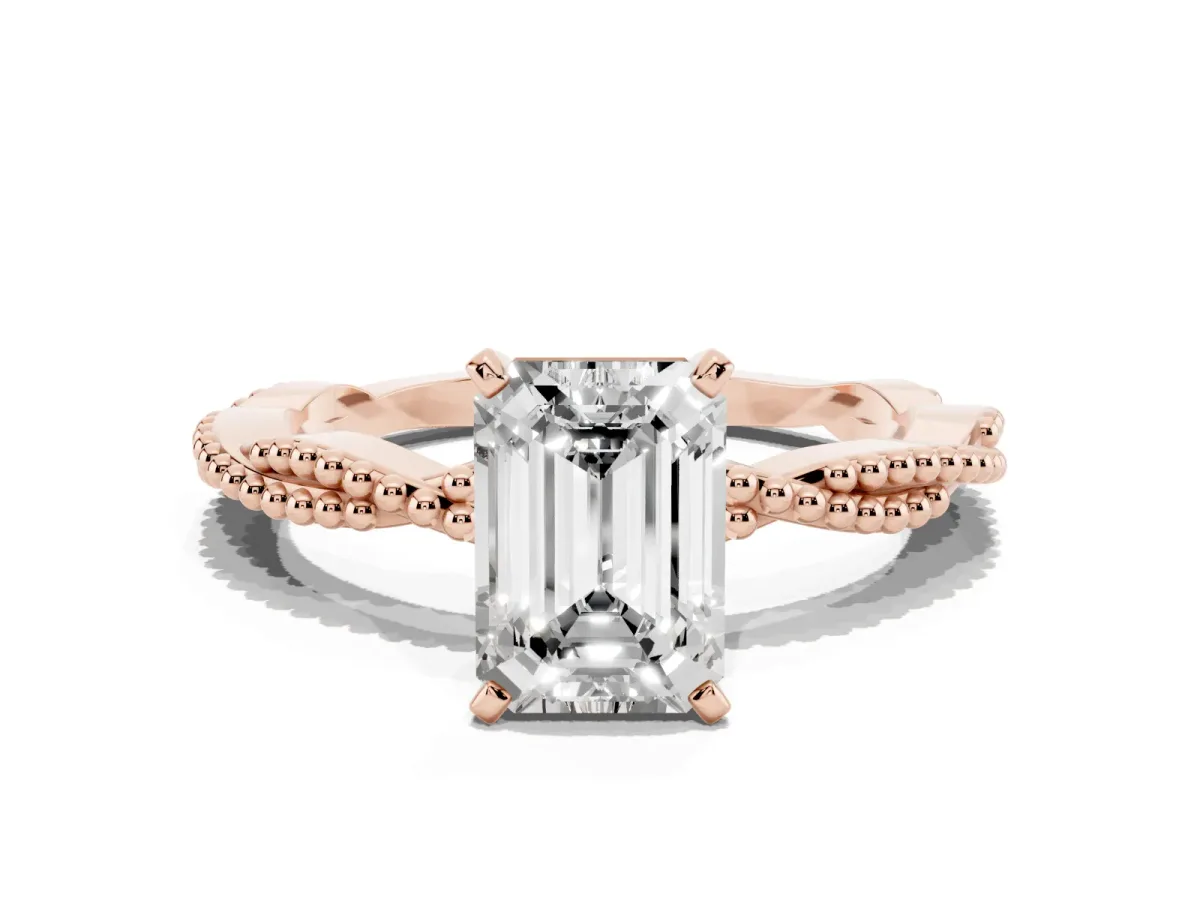 Emerald Cut Solitaire Twisted Band with Bead Prong Setting Rose gold