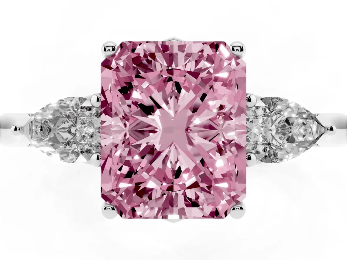 Fancy Pink Three-Stone Radiant Cut Brilliant Diamond Solitaire Ring with Tapered Band and Four-Prong Setting Silver