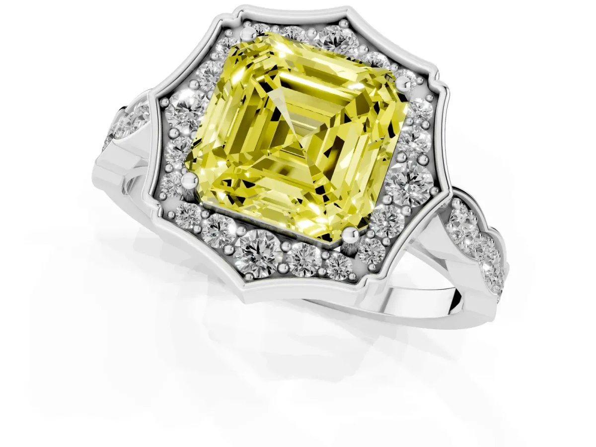 Fancy Yellow Asscher Cut Halo Diamond Engagement Ring with Milgrain Band and Four-Prong Setting White gold