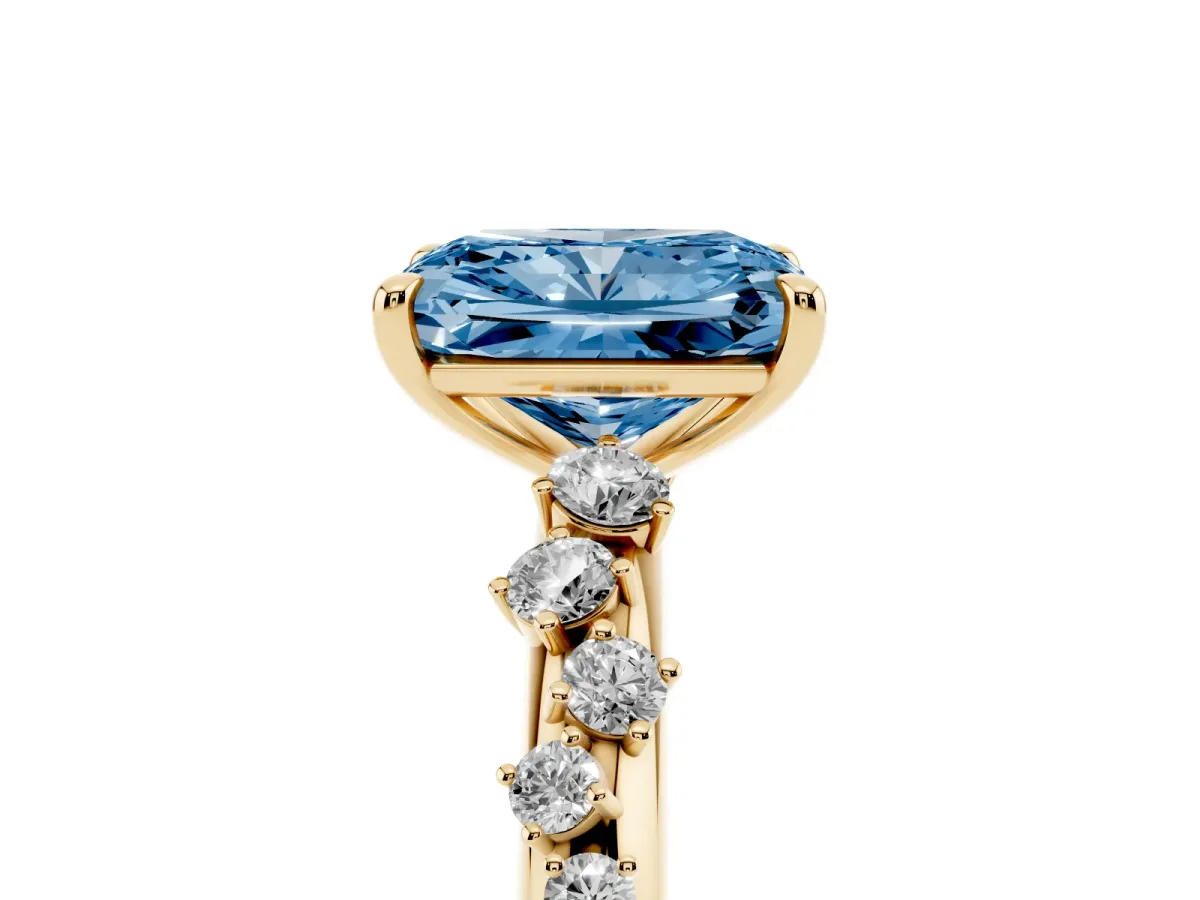 Fancy Blue Radiant Cut Diamond Cluster Prong-Set Solitaire Ring Yellow gold