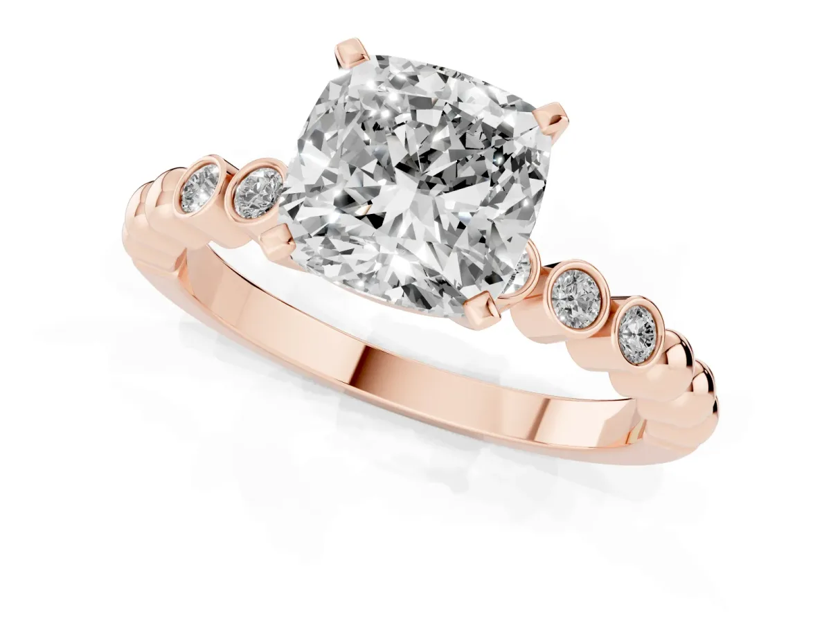 Cushion Cut Solitaire Bezel Accent Diamond Engagement Ring with Beaded Band and Four-Prong Setting Rose gold