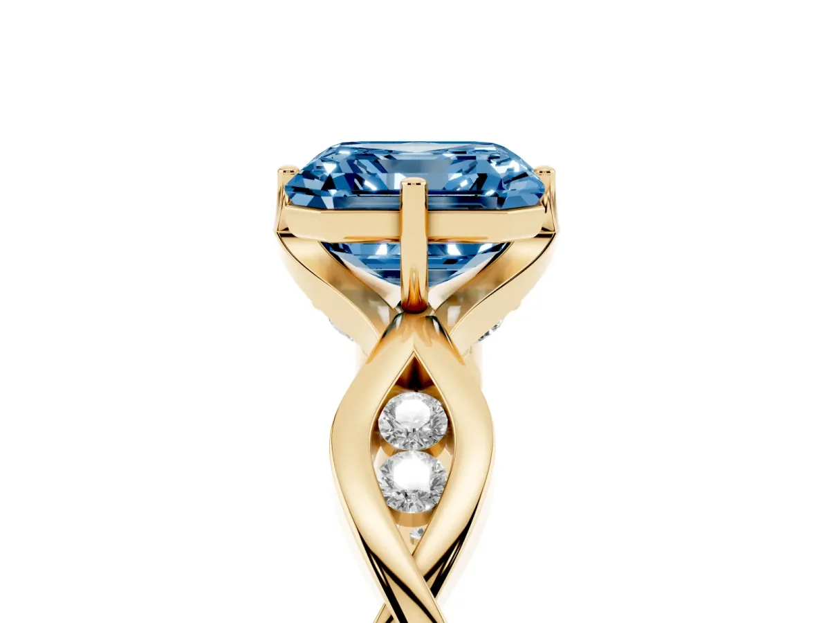 Fancy Blue Asscher Cut Solitaire Twist Band with Leaf Prong Setting Yellow gold