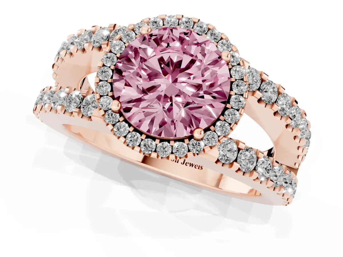 Fancy Pink Round Cut Cut Halo Split Shank Diamond Ring with Four-Prong Setting Rose gold