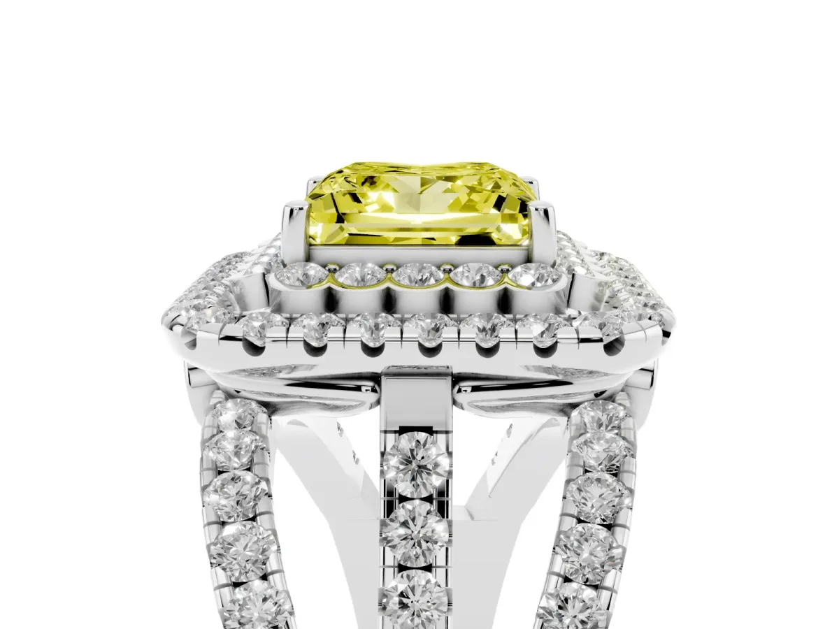 Fancy Yellow Princess Cut Diamond Double Halo Ring with Round Pavé Split Shank and Prong Setting Silver