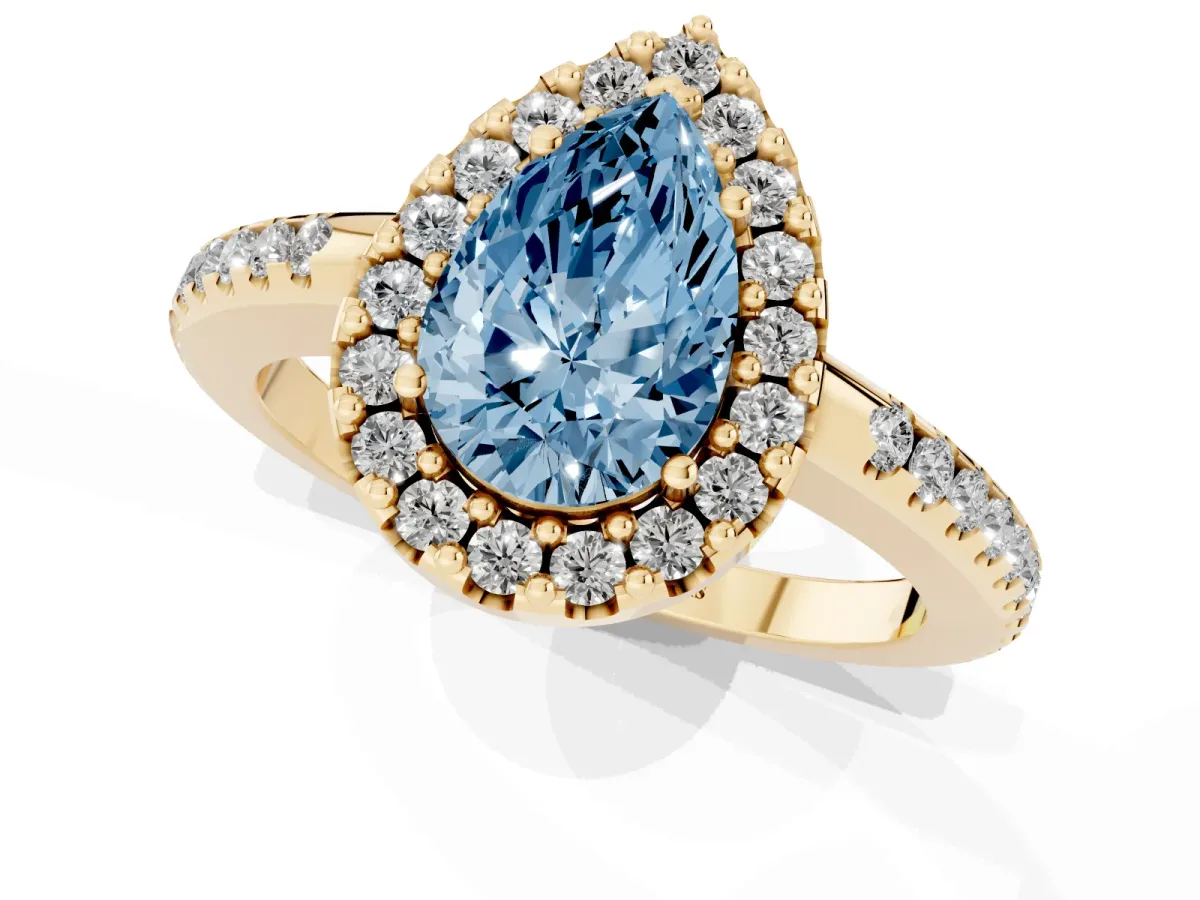 Fancy Blue Pear Cut Diamond Pavé Halo Ring with Four-Prong Setting Yellow gold