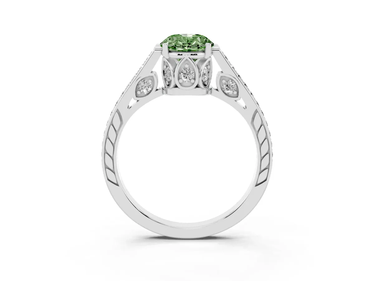 Fancy Green Oval Cut Cut Cathedral Pave Diamond Engagement Ring with Six-Prong Setting Silver