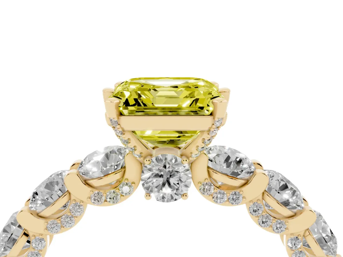 Fancy Yellow Asscher Cut Diamond Side Stone Engagement Ring with Four-Prong Setting Yellow gold