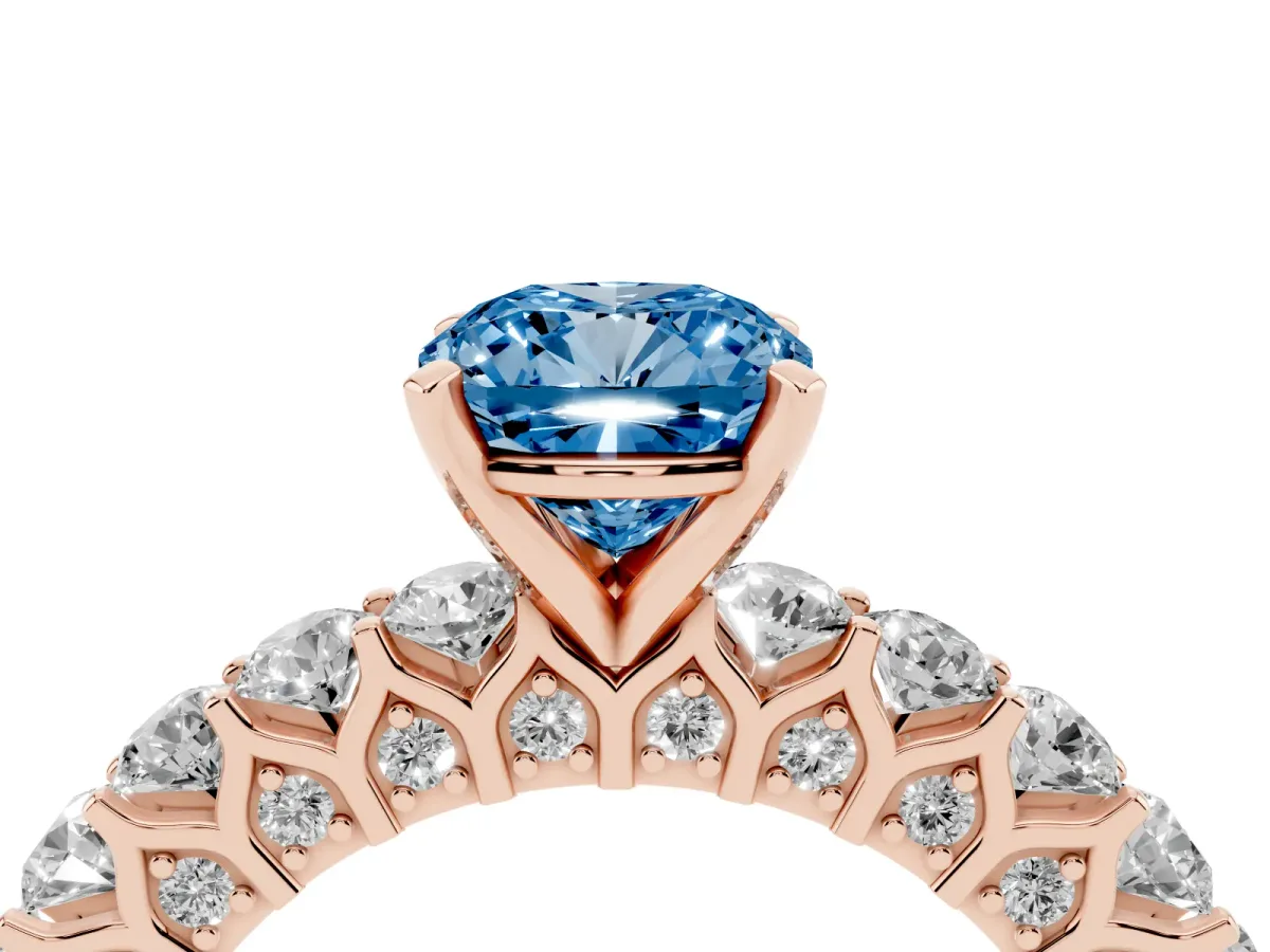 Fancy Blue Cushion Cut Diamond Solitaire Ring with Shared Prong Pavé Band and Four-Prong Setting Rose gold