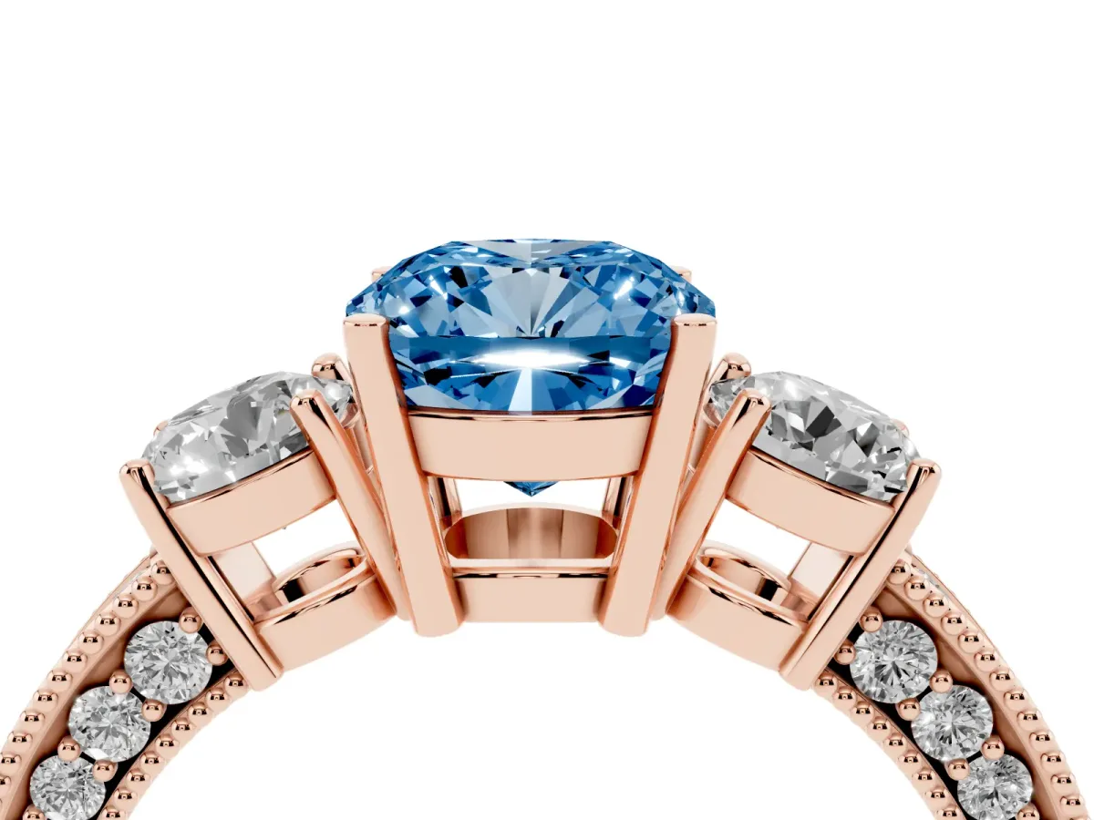 Fancy Blue Cushion Cut Three-Stone Diamond Ring with Pavé Band and Four-Prong Setting Rose gold