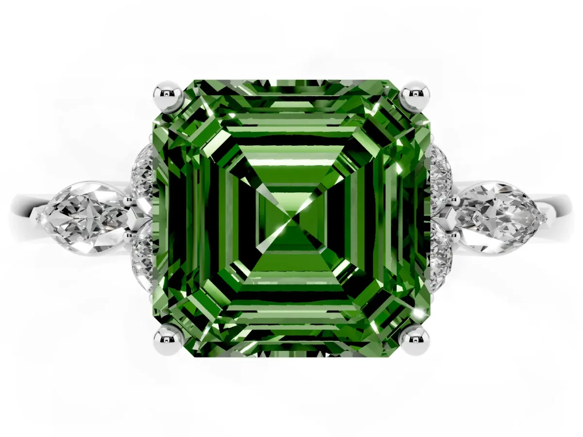 Fancy Green Asscher Cut Brilliant Diamond Solitaire Ring with Pear Side Stones and Four-Prong Setting Platinum