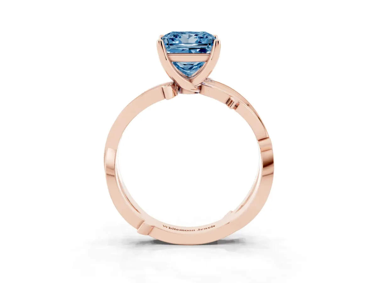 Fancy Blue Princess Cut Solitaire Twist Band with Pavé Accents and Four-Prong Setting Rose gold