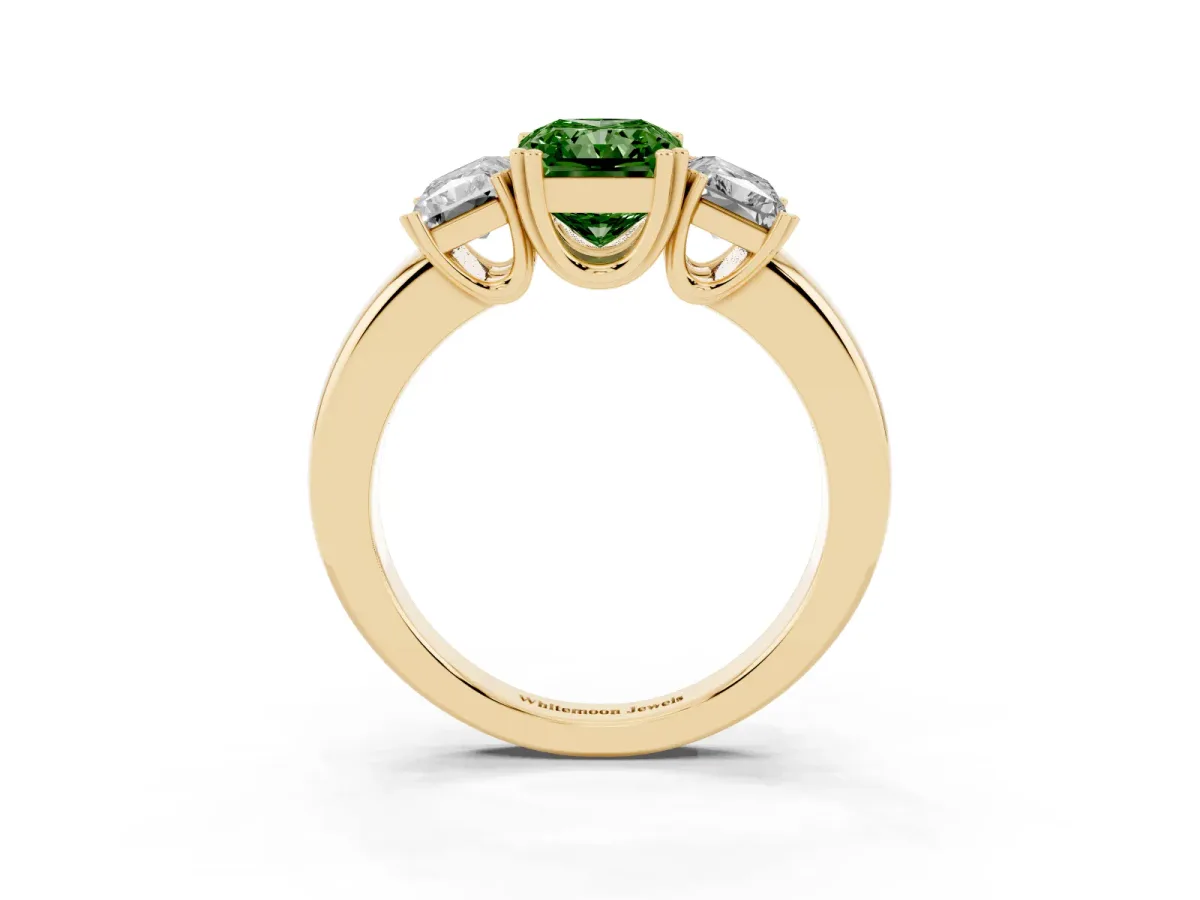 Fancy Green Three-Stone Radiant Cut Cut Diamond Ring with Channel Set Band and Four-Prong Setting Yellow gold