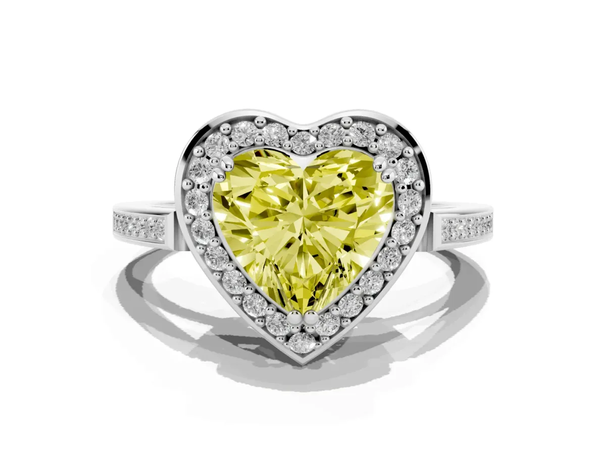 Fancy Yellow Heart Cut Diamond Halo Ring with Split Shank and Four-Prong Setting Silver