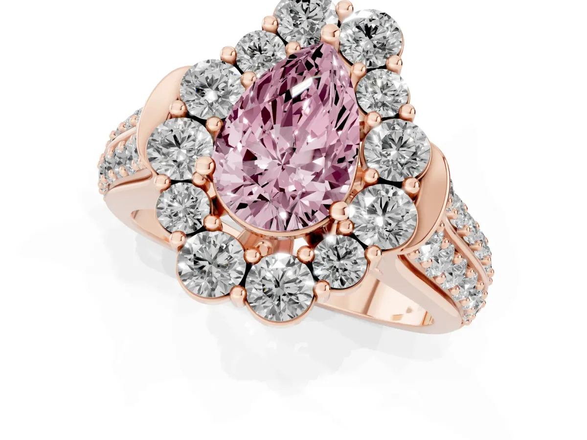 Fancy Pink Pear Cut Halo Diamond Engagement Ring with Split Shank and Prong Setting Rose gold