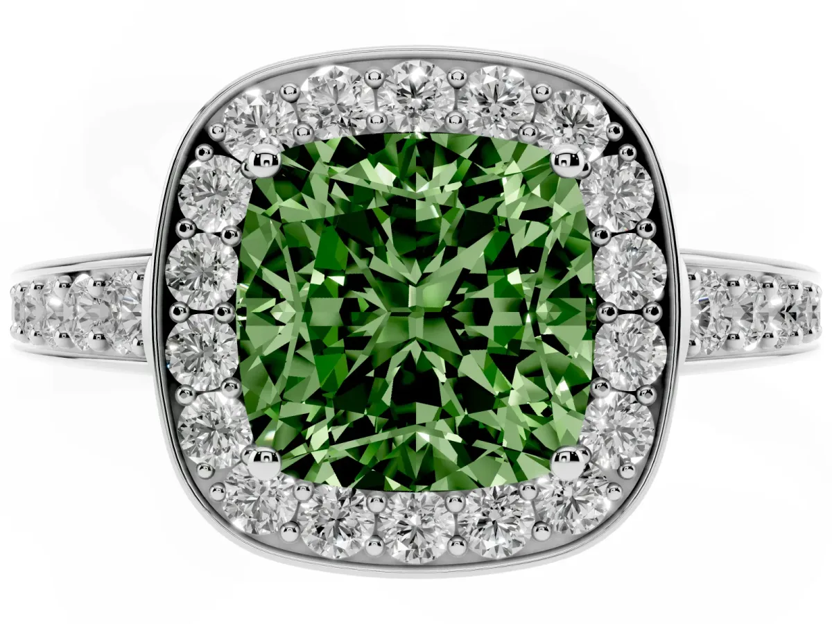 Fancy Green Cushion Cut Halo Pavé Diamond Engagement Ring with Bezel Setting Silver