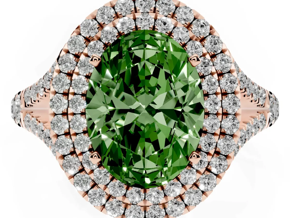 Fancy Green Oval Cut Cut Double Halo Split Shank Diamond Ring with Prong Setting Rose gold
