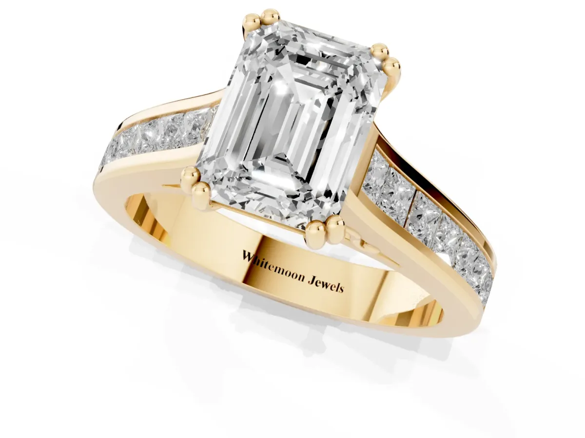 Emerald Cut Cut Channel Set Solitaire Engagement Ring with Prong Setting Yellow gold