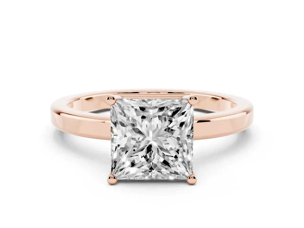 Princess Cut Cut Solitaire Engagement Ring with Four-Prong Setting on a Classic Band Rose gold